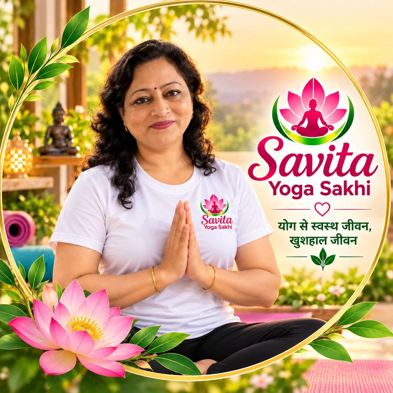 Savita Deshmukh in a white Savita Yoga Sakhi shirt, greeting with namaste